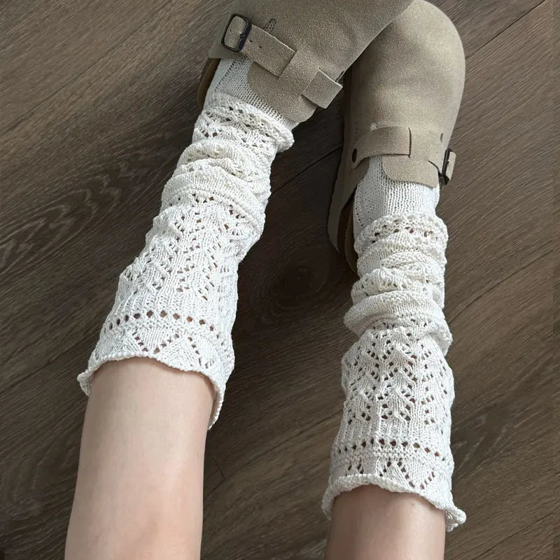 Cozy Hollow Knitted Socks for Women Soft Warm Home Long Tube Socks Solid Color Autumn Winter Comfortable Stockings Boots Sock