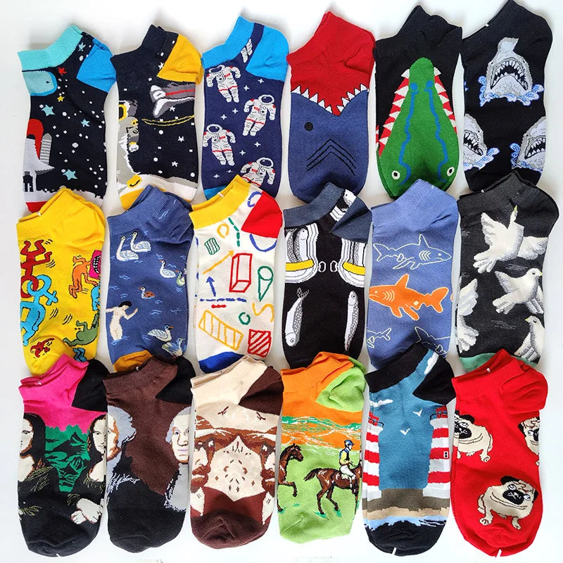 12 Pairs/Pack Cotton Ankle Socks Funny Lovers Fruit Graffiti Plaid Stripe Fashion Summer Avocado Banana Casual Soft Boat Sock