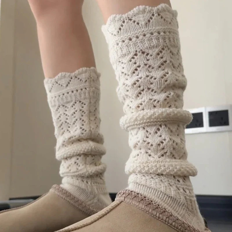 Cozy Hollow Knitted Socks for Women Soft Warm Home Long Tube Socks Solid Color Autumn Winter Comfortable Stockings Boots Sock
