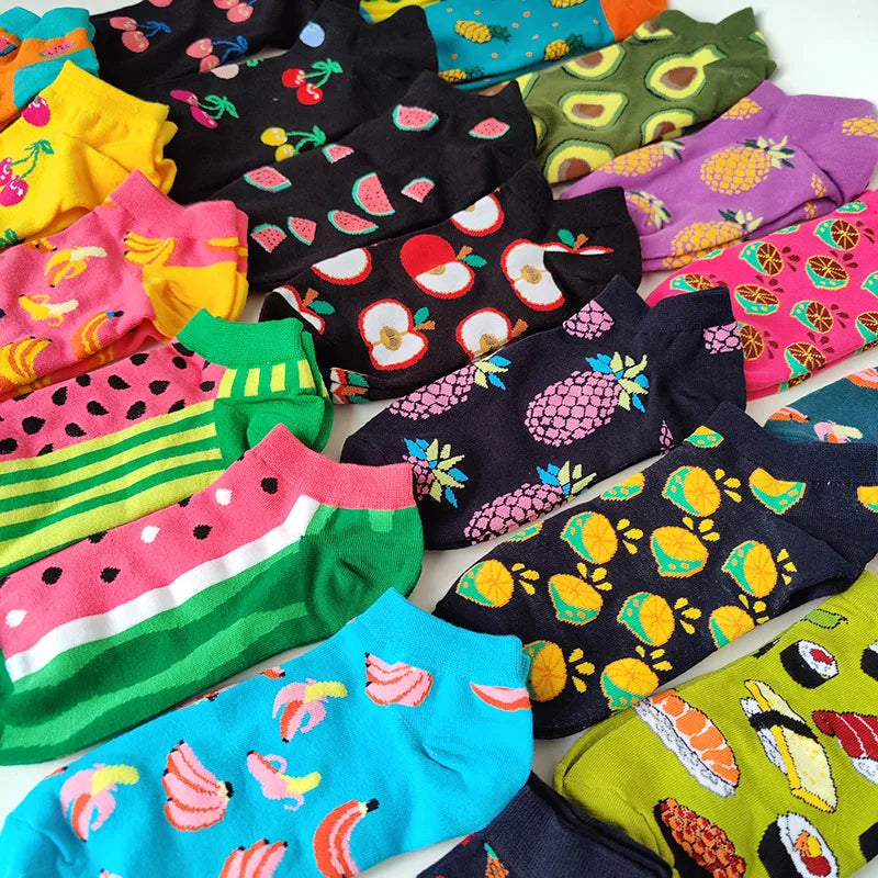 12 Pairs/Pack Cotton Ankle Socks Funny Lovers Fruit Graffiti Plaid Stripe Fashion Summer Avocado Banana Casual Soft Boat Sock