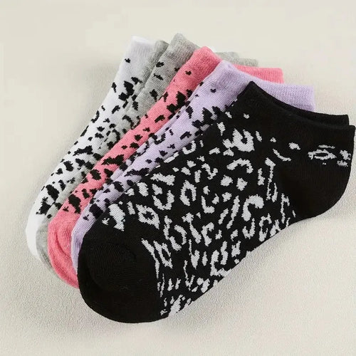 5/10 Pairs Women Leopard Print Socks Fashionable Print Summer Sweat Absorbing Breathable Soft Comfortable Casual Socks