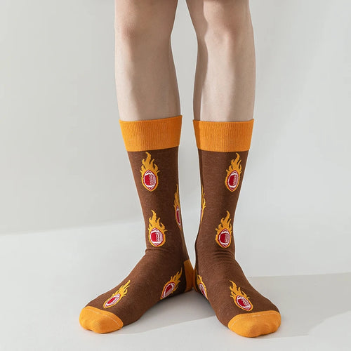5 Pairs Men's Rugby Design Mid Tube Socks Comfortable Cotton Hip Hop Sports Streetwear Style Spring Funny Men's Footwear