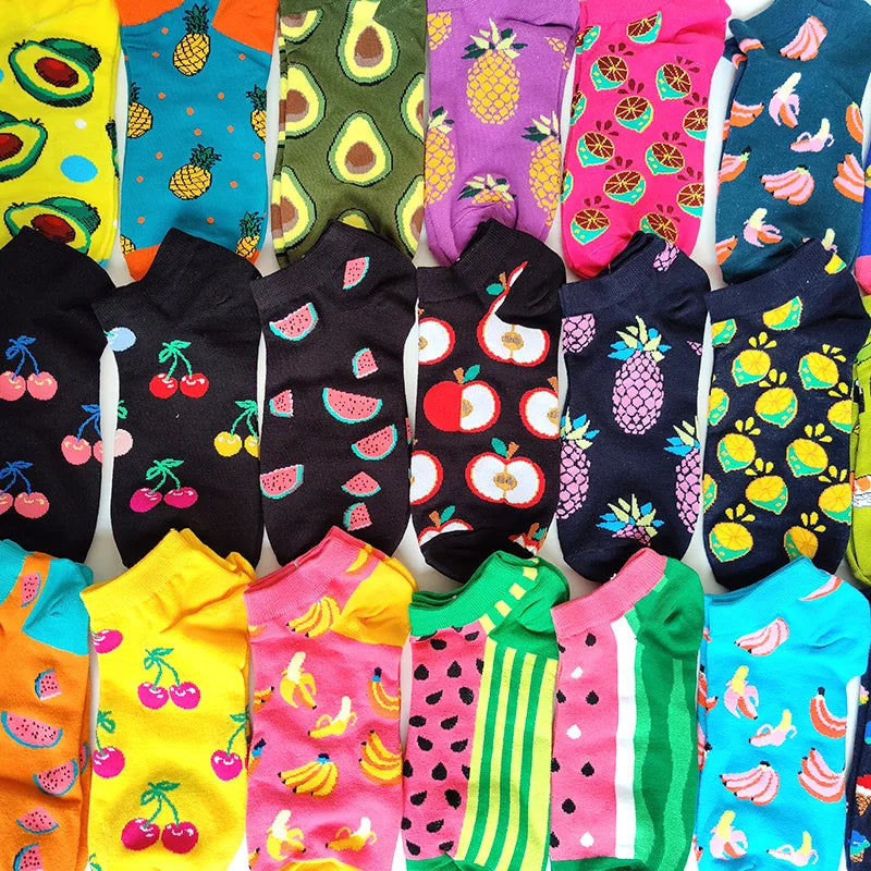 12 Pairs/Pack Cotton Ankle Socks Funny Lovers Fruit Graffiti Plaid Stripe Fashion Summer Avocado Banana Casual Soft Boat Sock