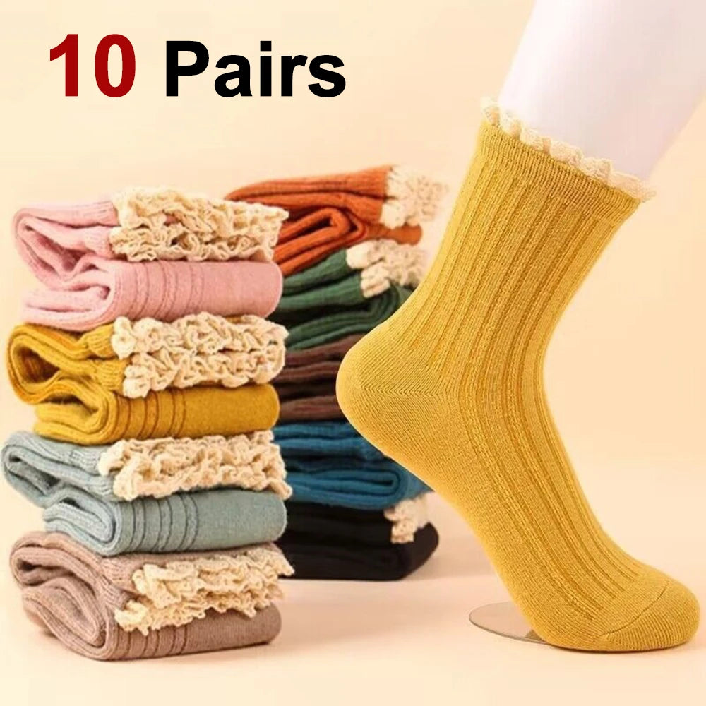 10 Pairs Women Lace Mid Tube Socks Fashionable College Style Soft Comfortable Suitable Daily Wear Breathable Casual Socks