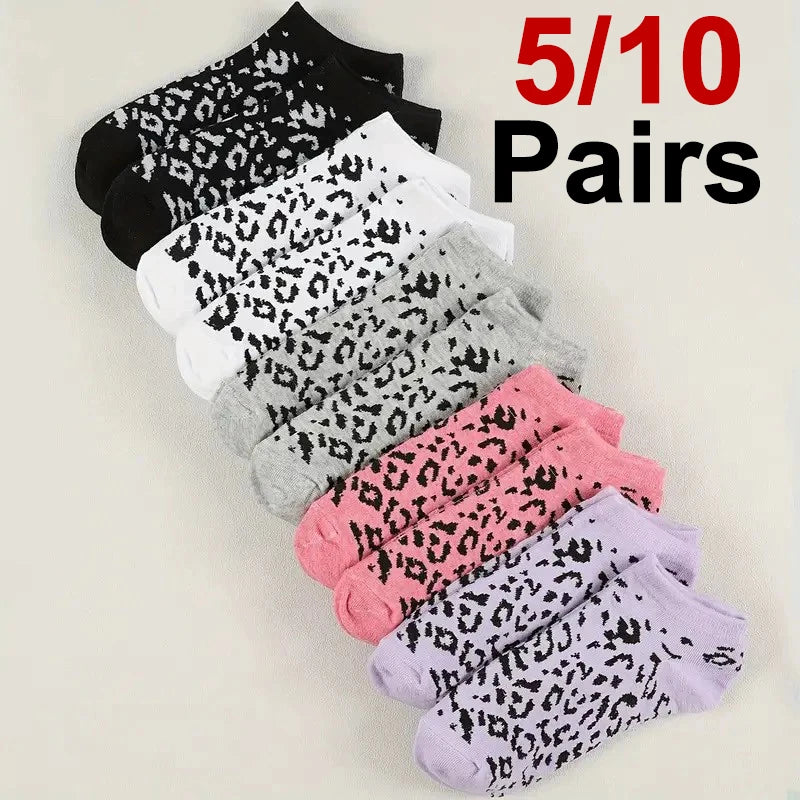 5/10 Pairs Women Leopard Print Socks Fashionable Print Summer Sweat Absorbing Breathable Soft Comfortable Casual Socks