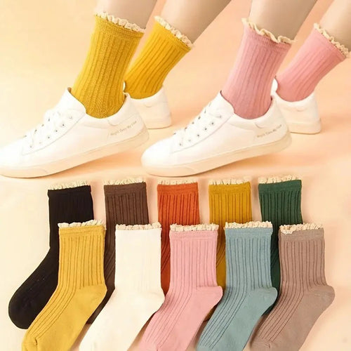 10 Pairs Women Lace Mid Tube Socks Fashionable College Style Soft Comfortable Suitable Daily Wear Breathable Casual Socks