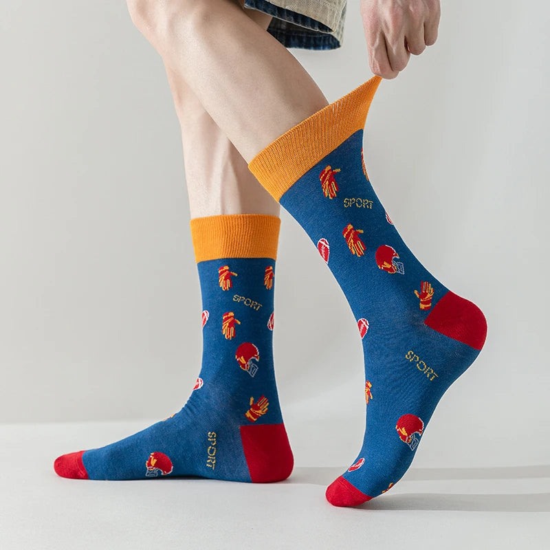 5 Pairs Men's Rugby Design Mid Tube Socks Comfortable Cotton Hip Hop Sports Streetwear Style Spring Funny Men's Footwear